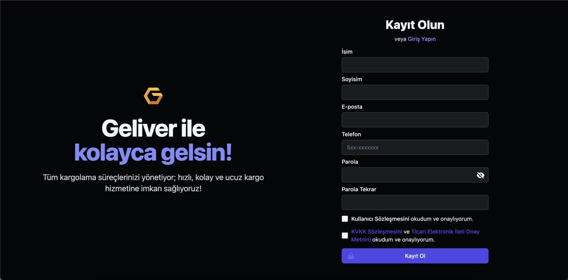 Geliver kayıt formu ekran görüntüsü