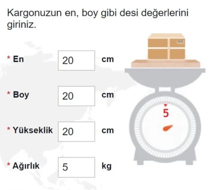 Yurtiçi Kargo ücretleri için desi hesaplama formunun görseli