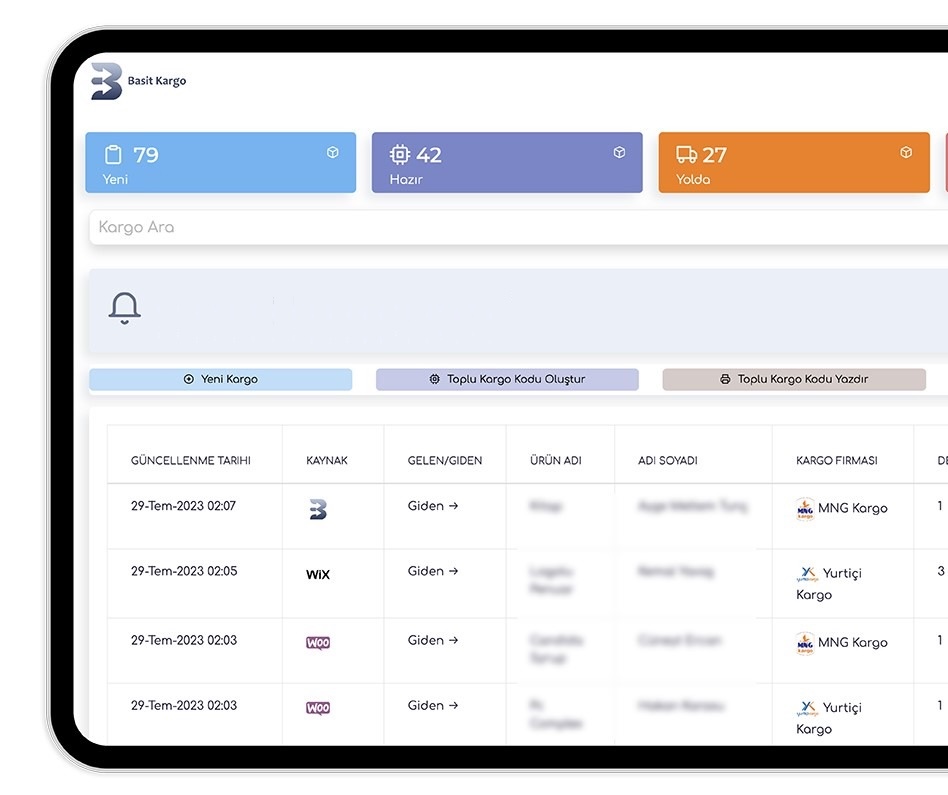Basit Kargo panel ön izlemesi