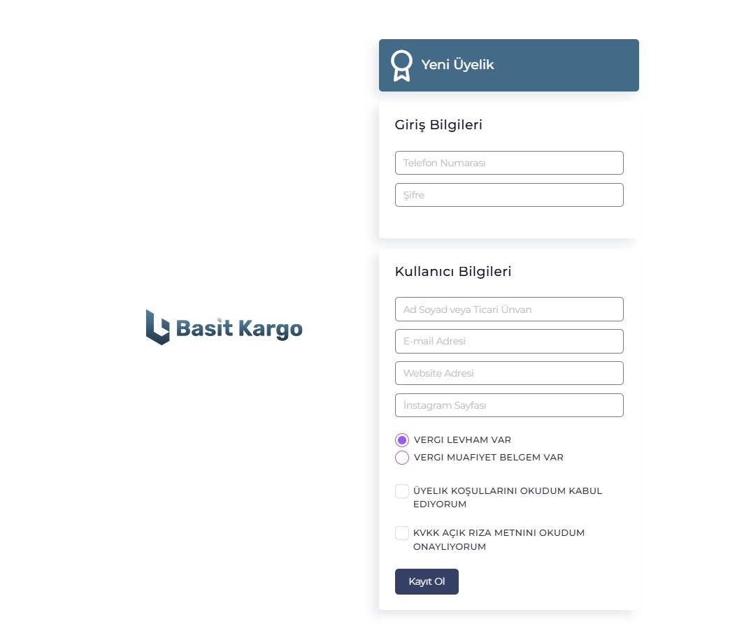 Basit Kargo yeni üyelik form ekranı