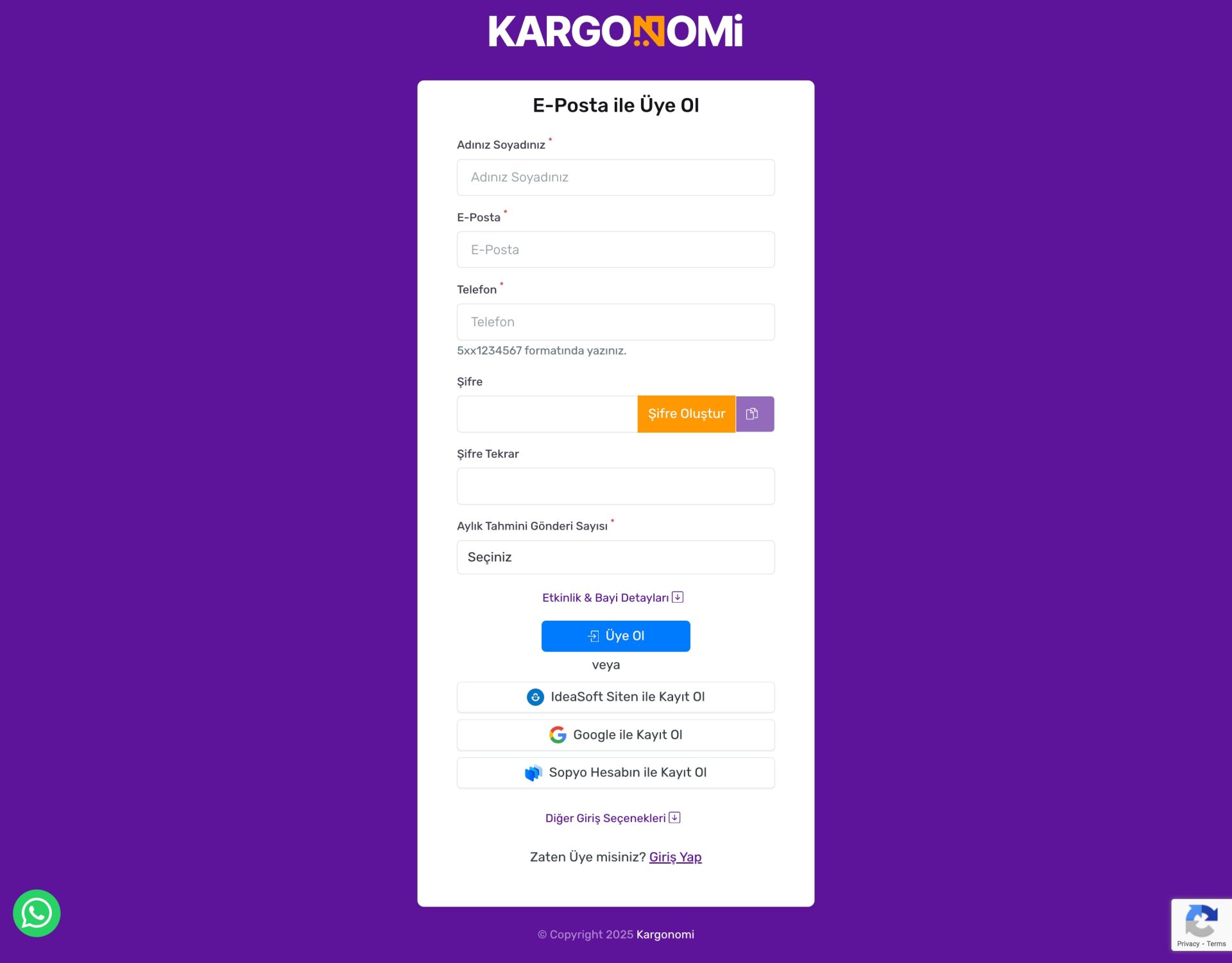 Kargonomi üyelik formu ekran görüntüsü